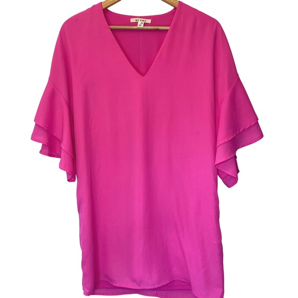 miami Tops - Miami Hot Pink Tiered Flutter Sleeve V-Neck Blouse Tunic Small Preppy Resort